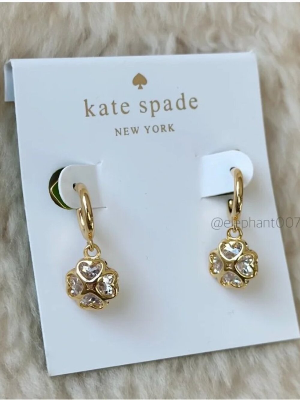 Kate Spade Crystal Heart Clover Drop Huggie Earrings Gold Tone Dangle Earrings